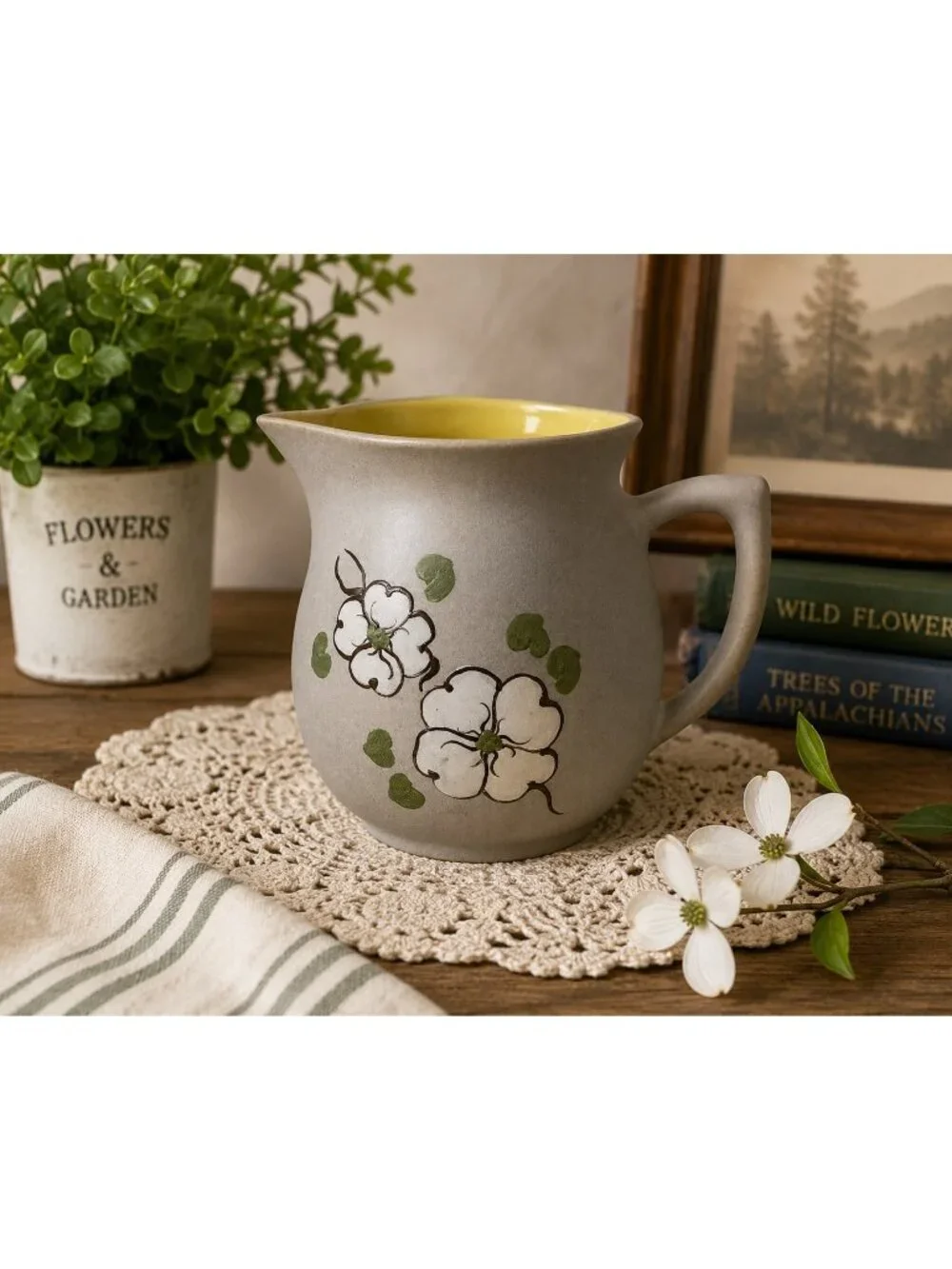 Pigeon Forge Pottery Handcrafted Stoneware Creamer Pitcher Dogwood Floral Gray Y